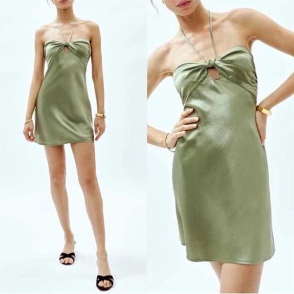 NEW Reformation Sorrentine Silk Mini Halter Dress Artichoke $248 - Picture 2 of 7